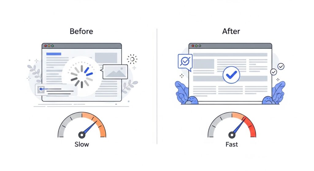 ページ速度改善のビフォーアフターを示すWebマーケティング用の図解