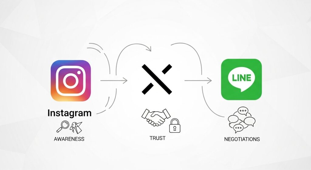 Instagram=認知拡大、X=信頼構築、LINE=商談導線の流れ図
